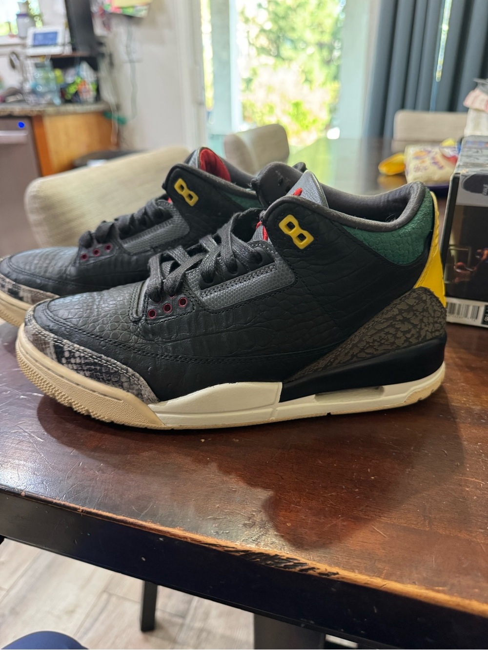 Men's Jordan 3 Black Cat Basketball Sneakers with Green & Yellow Accents
